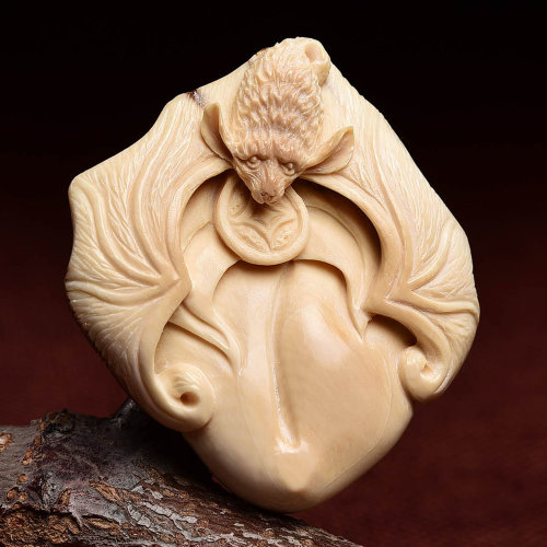 ymzy/悦木之源 猛犸象牙手工雕刻蝙蝠铜钱带原皮吊坠