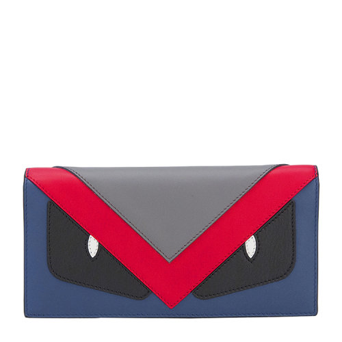 fendi/芬迪 "bag bug"系列小怪兽眼睛图案蓝色拼色牛皮男士长款钱包