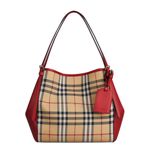 burberry/博柏利 女士红色 帆布/配皮 horseferry 格纹托特包 手提包
