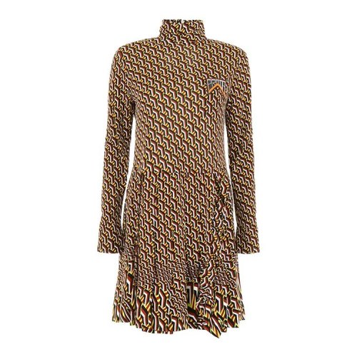 prada/普拉达 19年春夏 服装 高领 女性 花纹 百褶 混色 女士连衣裙