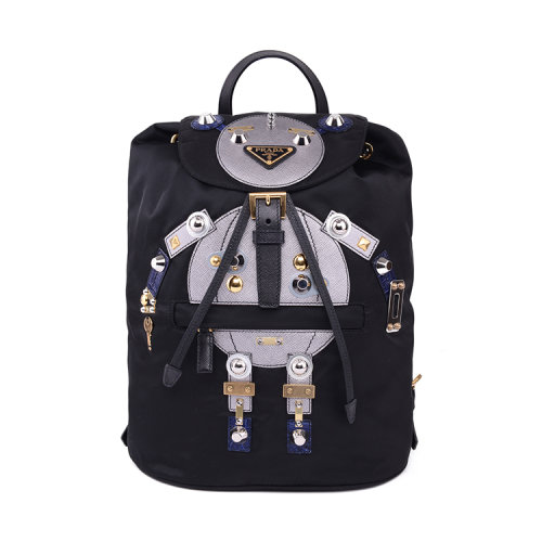 prada/普拉达女士黑色尼龙机器人贴饰双肩背包1bz032 elt