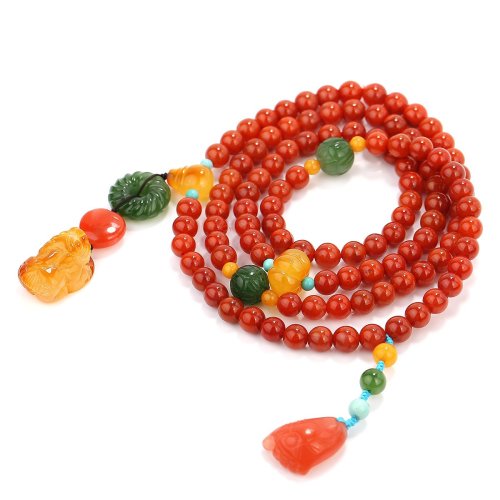【文玩手串】miko/蜜库 南红玛瑙108颗手链 蜜蜡貔貅南瓜珠配碧玉扭纹