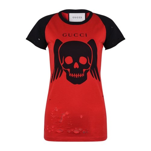 gucci/古驰 19春夏 黑色骷髅头印花破洞女士短袖t恤 557785 xjarq