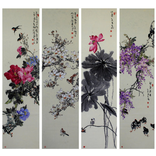 伏春树《花开富贵四条屏》 传统水墨 写意花鸟