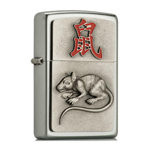 zippo打火机 十二生肖-鼠 欧版镀铬沙子精致大徽章