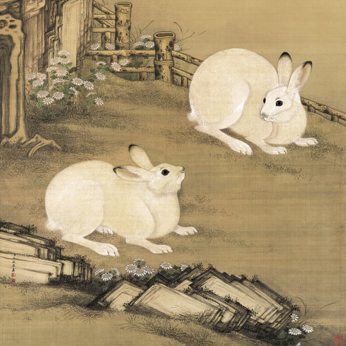 冷枚《梧桐双兔图》高清晰名家版画 花鸟