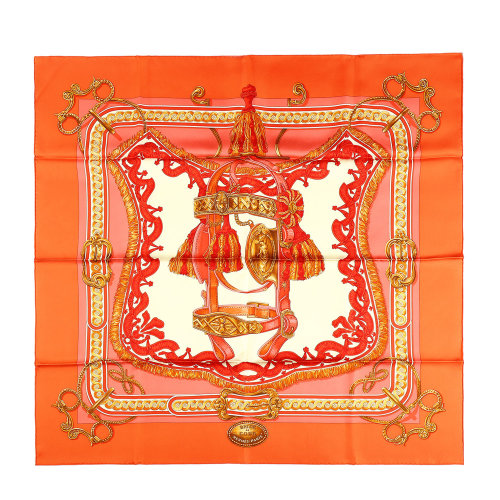 【hermes爱马仕 丝巾】hermes(爱马仕)橘黄色锁链图案丝巾90#【正品 