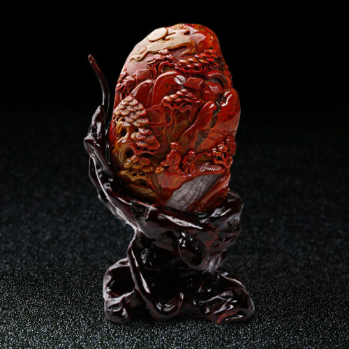 y/鼎艺 精雕红缟战国红玛瑙摆件 山水人物摆件 wmn12002