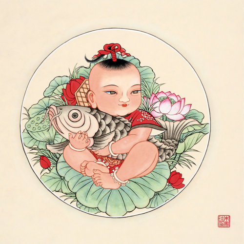 【mingjiahuayuan名家画院 新水墨】朱秀珍 《吉祥童子抱鱼图》 传统