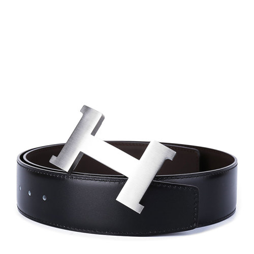 hermes/爱马仕黑/深棕色皮质双面银拉丝h扣腰带80# pr000908