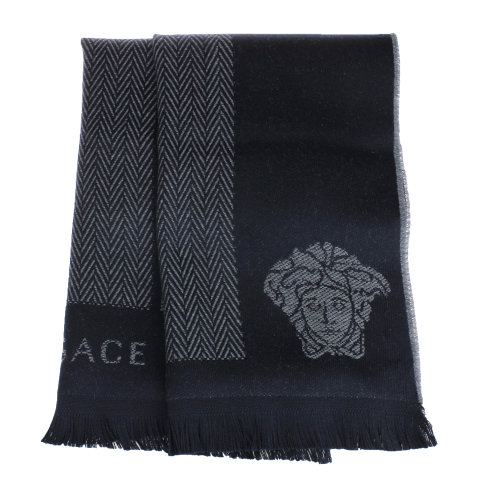 versace/范思哲 墨蓝色/灰色刺绣logo双面佩戴男士围巾