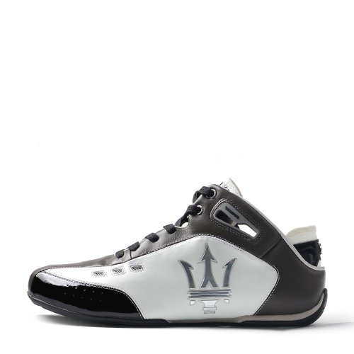 maserati玛莎拉蒂黑配灰白牛皮低邦休闲平底鞋