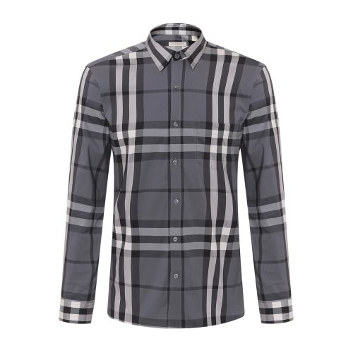 burberry/博柏利 格纹弹力棉质混纺衬衫 炭灰色 男士衬衫 3983537