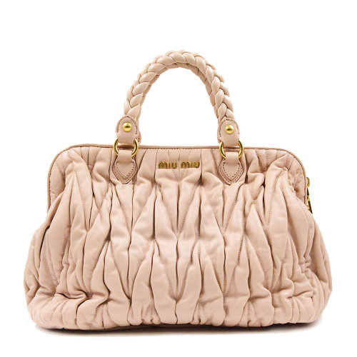 【miumiu缪缪 手提包】miumiu/缪缪 经典女士肉粉色褶皱羊皮手提包 单