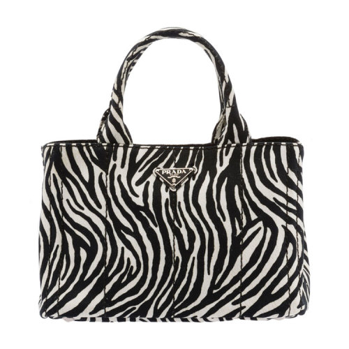 【包邮包税】prada/普拉达 斑马纹女士帆布黑色/白色两用手提包 1b