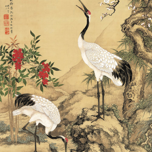 沈铨《松梅双鹤图》高清晰名家版画 花鸟