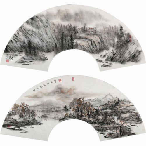 画馆 传统水墨】强春云 《暧暧远人村》 传统水墨 写意山水 扇面两帧