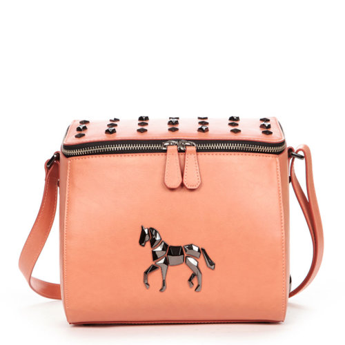 lapalette/小马包 三文鱼色铆钉人造革女士正梯形斜挎单肩女包 bc5xa