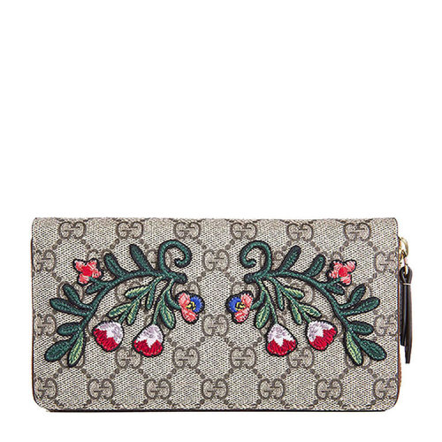 gucci/古驰 花卉刺绣图案贴花棕色pvc/配皮女士长款钱包# 456863 k6
