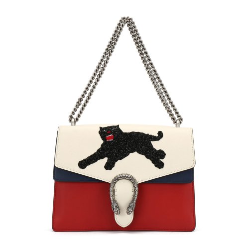 gucci(古驰) #白/红/蓝拼色皮质豹子图案装饰限量款酒神包