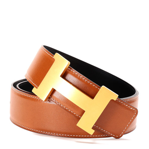 hermes(爱马仕) 黑/浅棕两面拉丝金h扣宽版腰带105