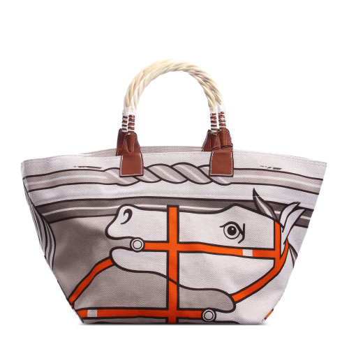hermes(爱马仕)#马头图案帆布竹藤手提包