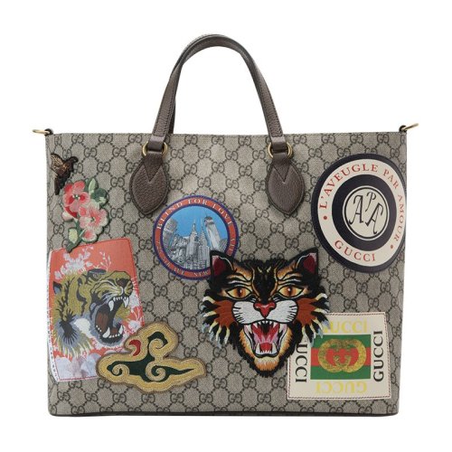 gucci/古驰courrier系列虎头&云朵贴花刺绣装饰人造革购物袋男士手提