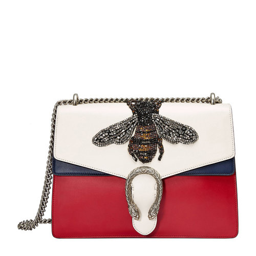 gucci/古驰 dionysus系列女士牛皮蜜蜂贴花刺绣虎头扣拼色女士单肩包