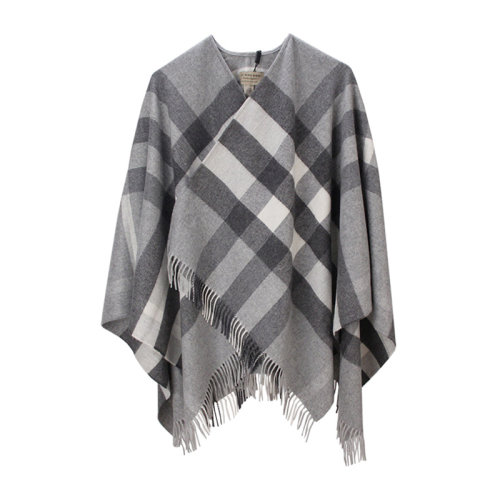 burberry/博柏利  女士灰白格纹羊毛羊绒流苏斗篷披肩 4019622 pale