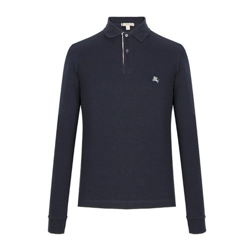 burberry/博柏利 男士深蓝色白标棉质格纹开襟长袖polo衫t恤