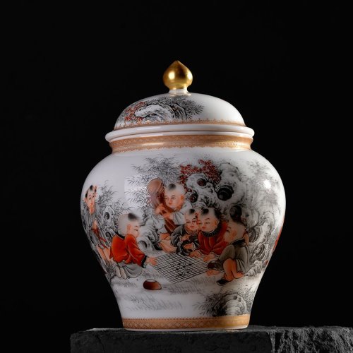 zhanchunsheng/占春生 墨彩描金 婴戏九子登科 茶叶罐 占春生窑出品