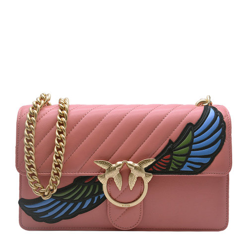 pinko/品高 女士粉色头层牛皮翅膀刺绣 经典燕子logo单肩链条包 1p20x