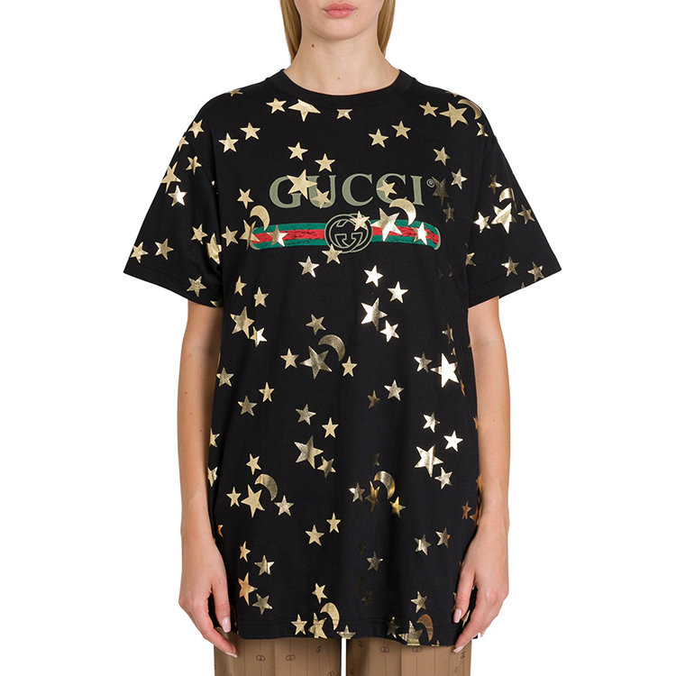 gucci/古驰 19年秋冬 星月印花 t 恤 女性 黑色 女士短袖t恤 580968x