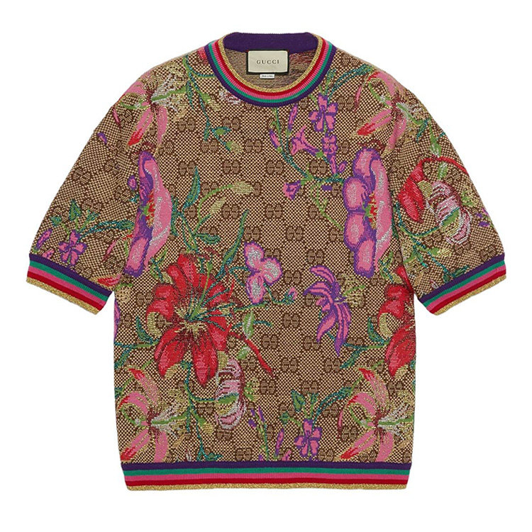 gucci/古驰 20年春夏 gg花卉羊毛提花上衣 女性 混色 女士短袖t恤