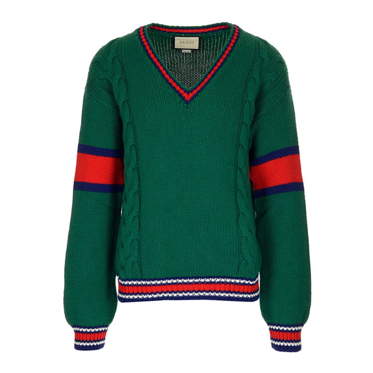 gucci/古驰 20年春夏 绞花编织v领毛衣 男性 绿色 男士针织衫/毛衣