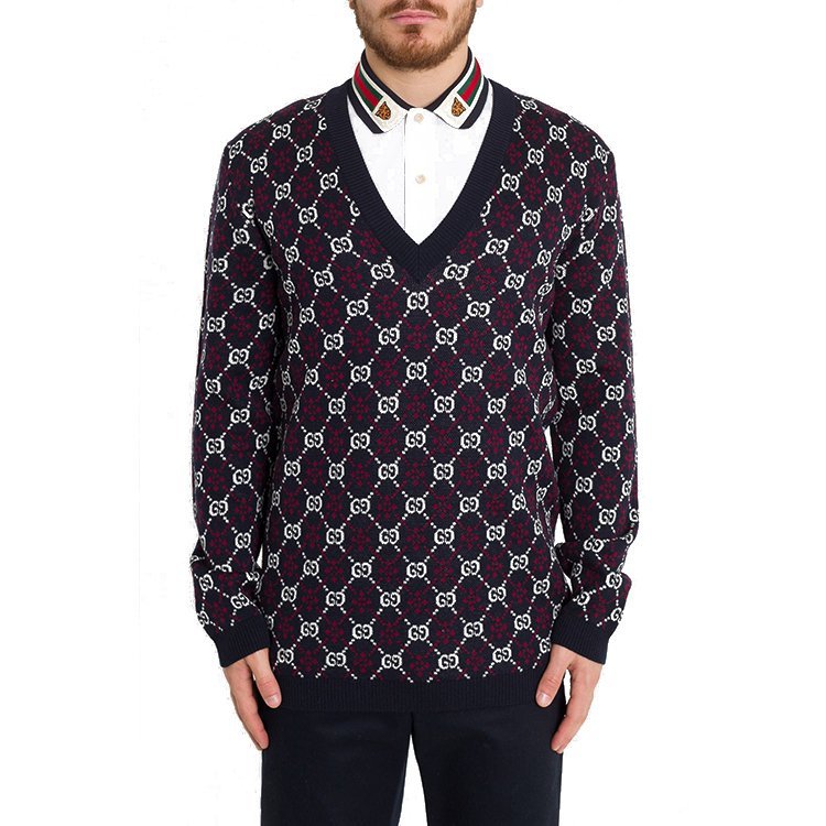 gucci/古驰 19年春夏 服装 v领 男性 格纹 混色 男士针织衫/毛衣