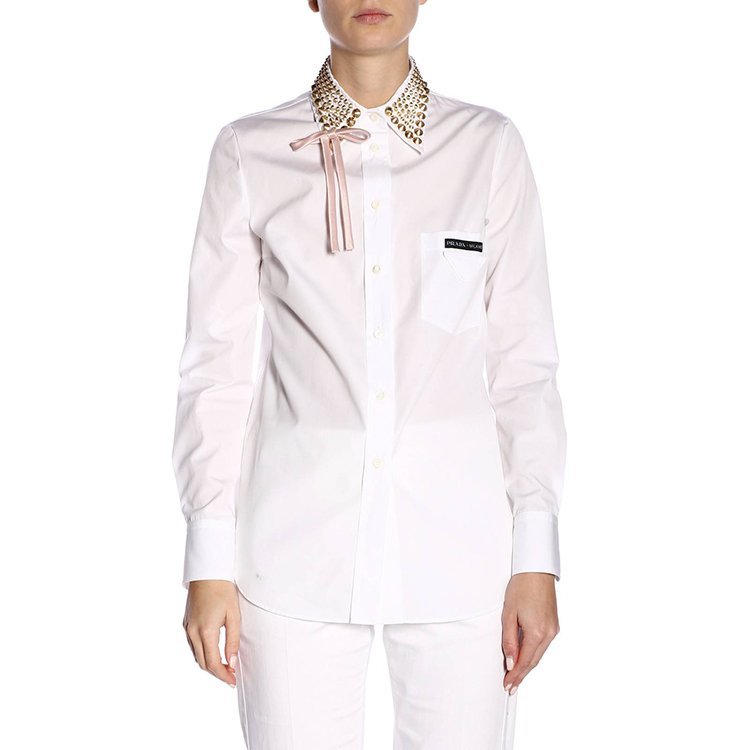 prada/普拉达 19年春夏 服装 翻领 女性 胸标 蝴蝶结 白色 女士长袖