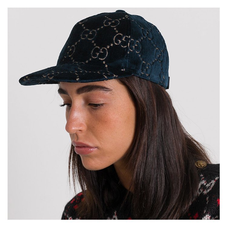 gucci/古驰 20年秋冬 gg天鹅绒棒球帽 女性 鸭舌帽 菱格 蓝色 帽子